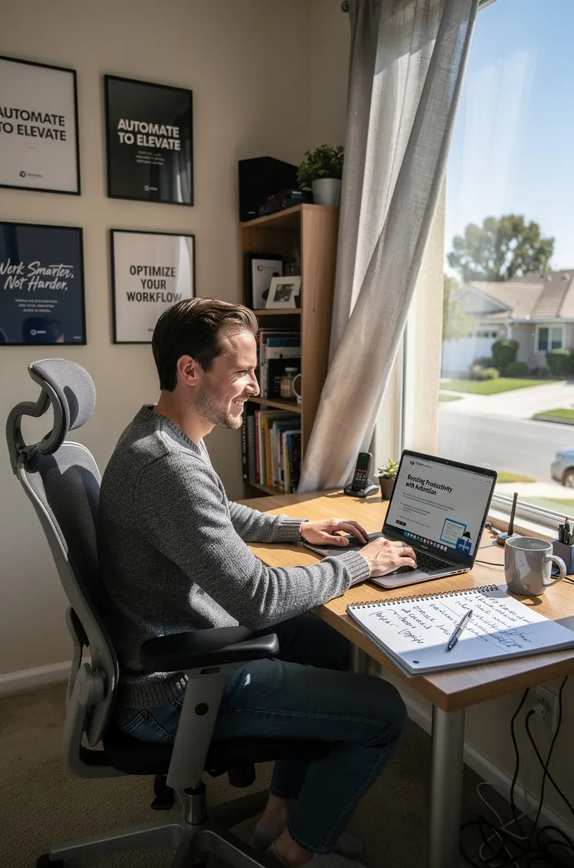 Professional software developer reviewing automation workflow on multiple monitors in a modern office.